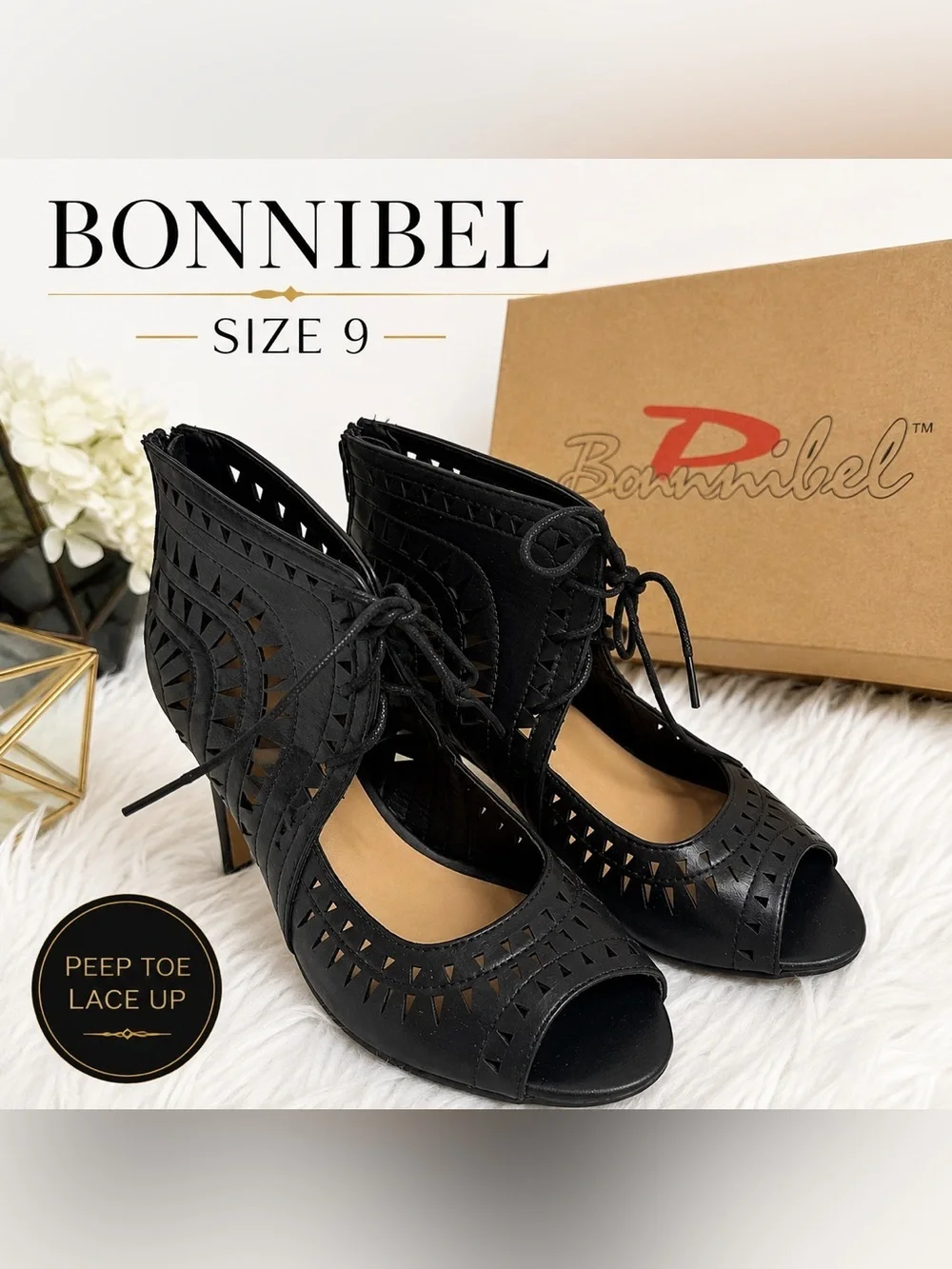 Bonnibel Black Cutout Lace-Up Wedge Sandals Peep Toe Size 9
